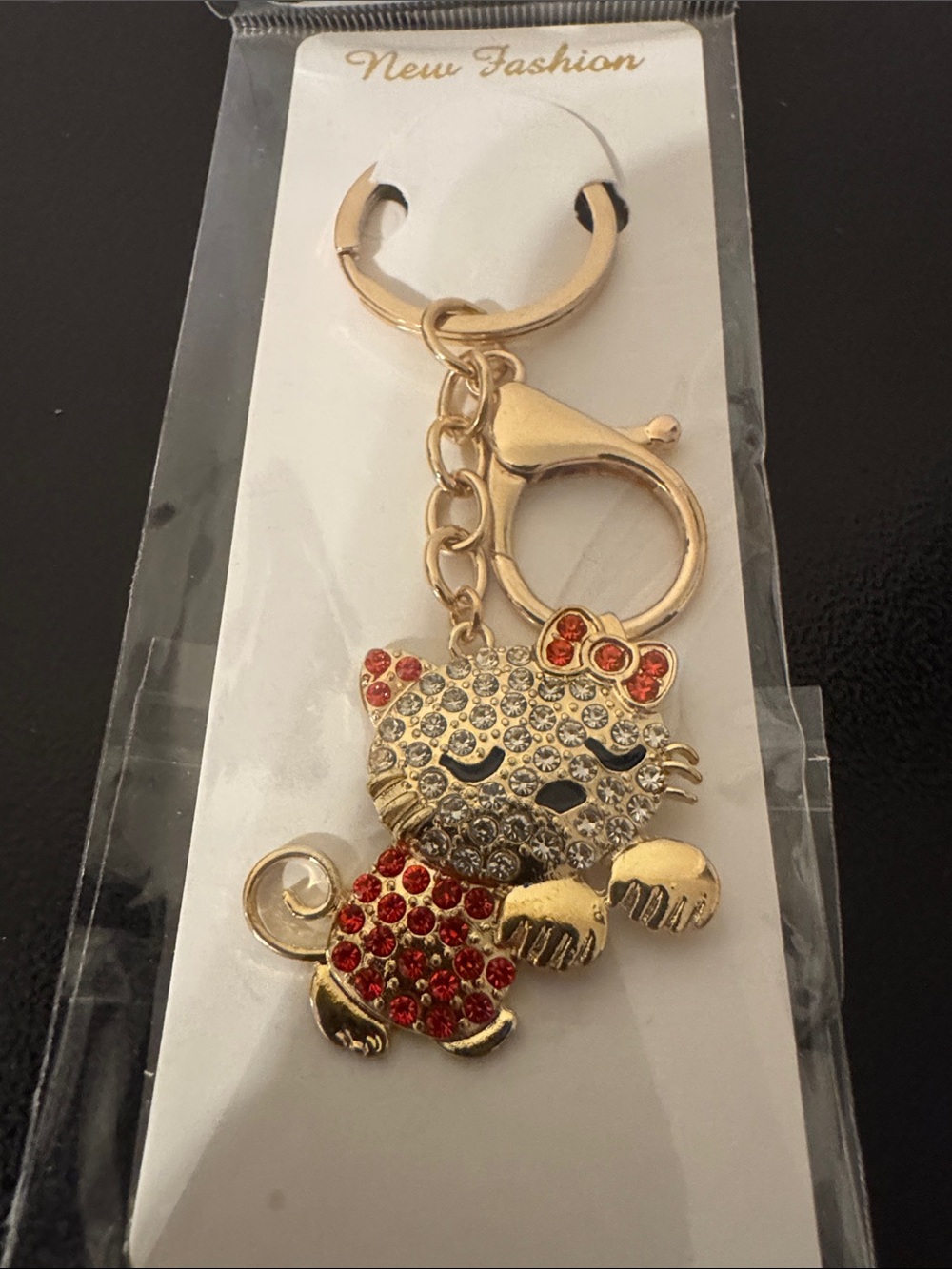 Gold-Tone Cat Keychain/bagcharm with Red & Clear Crystals